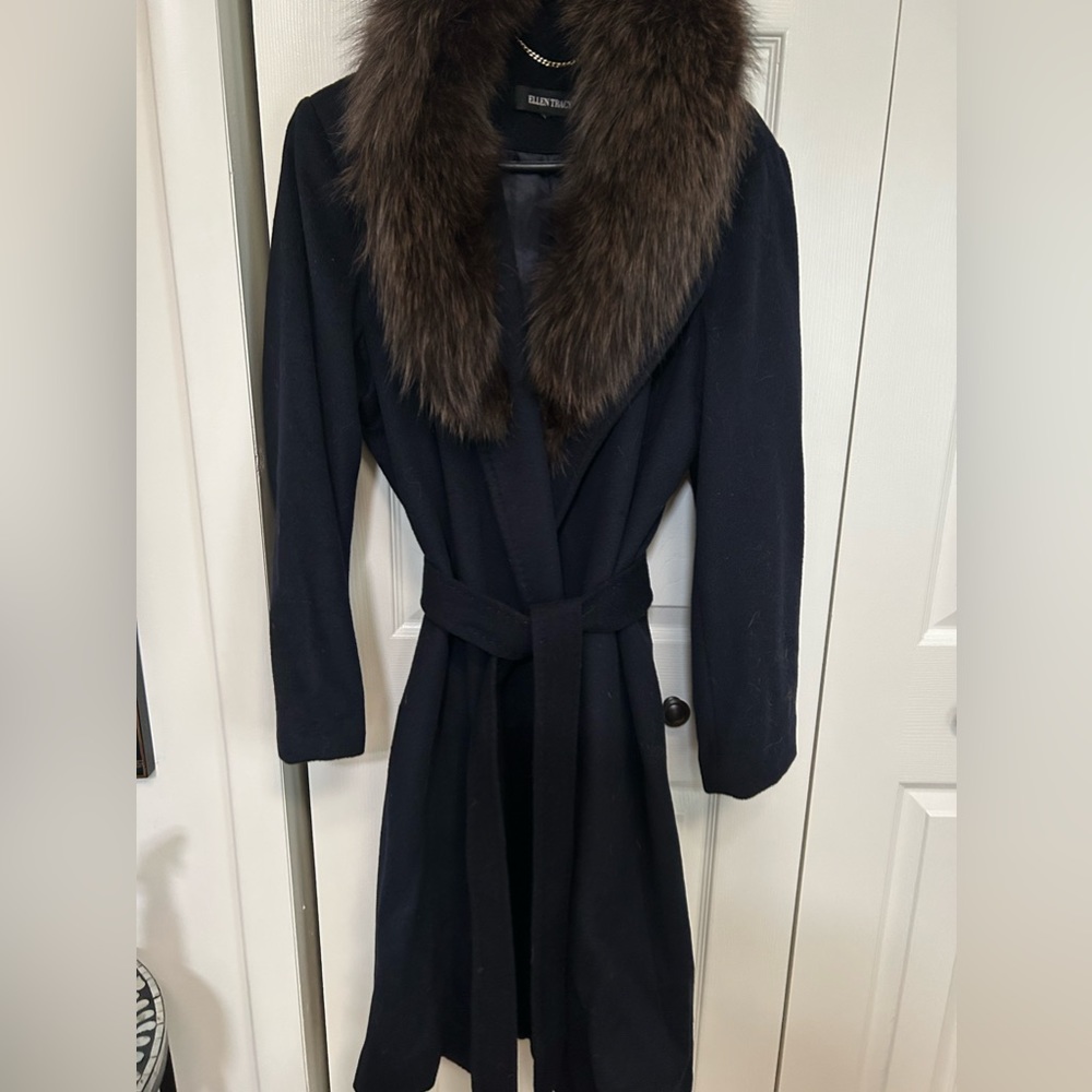 Beautiful navy blue wool wrap coat with belt with real fox trim.